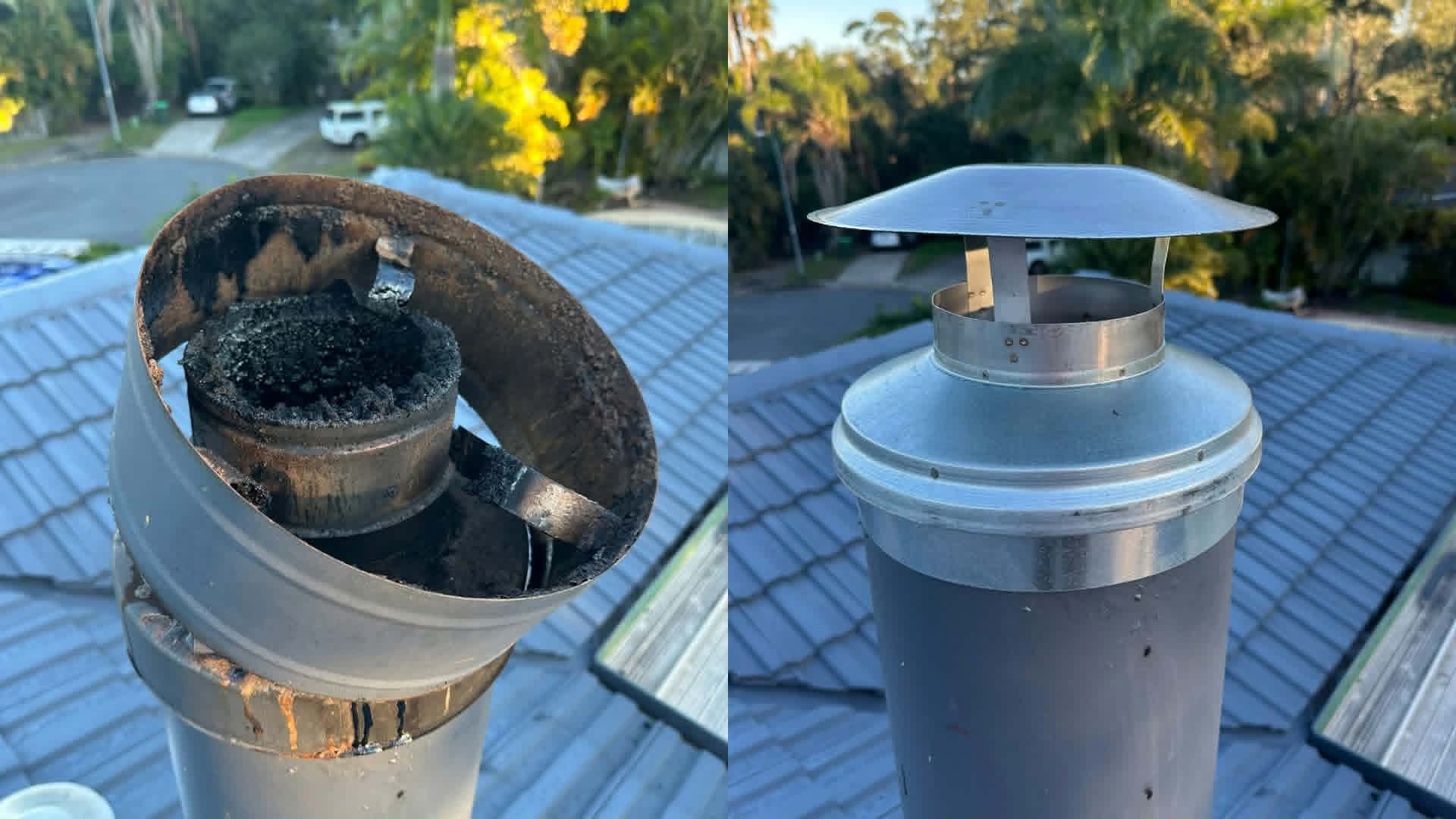 Chimney cowl choked with creosote alongside the same flue with a new stainless top cap installed