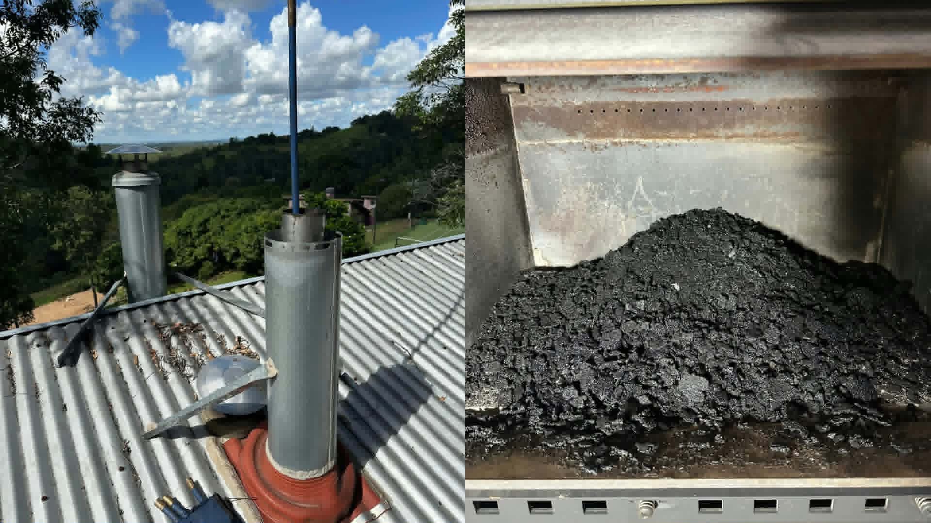 Flue opened up on a hinterland roof, next to the mound of creosote and debris removed from inside