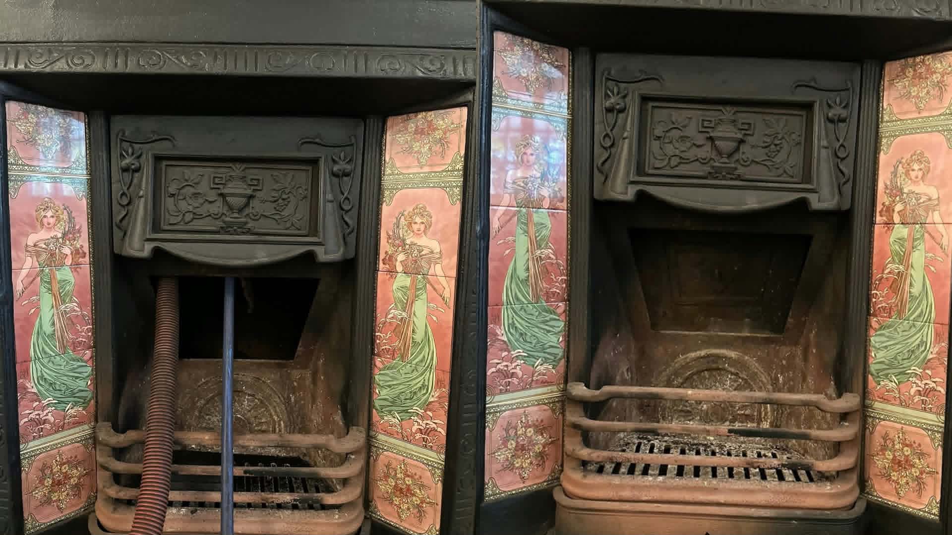 Art Nouveau tiled cast-iron fireplace being swept, and the same firebox cleared of soot afterwards